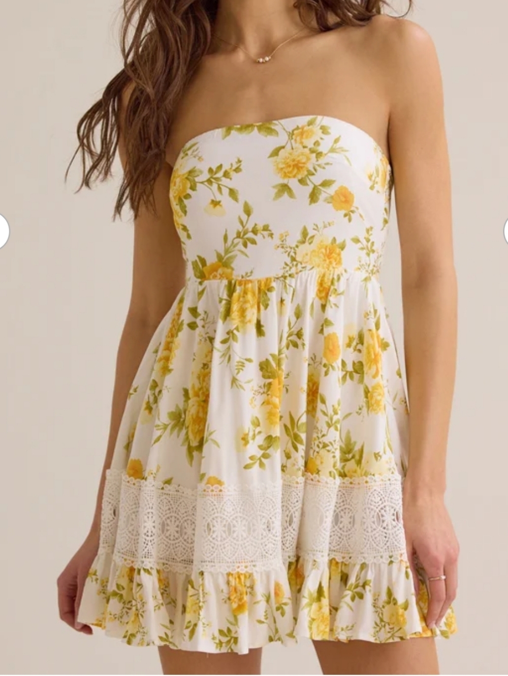 Altar'd State White Strapless Floral Mini Dress with Yellow Roses